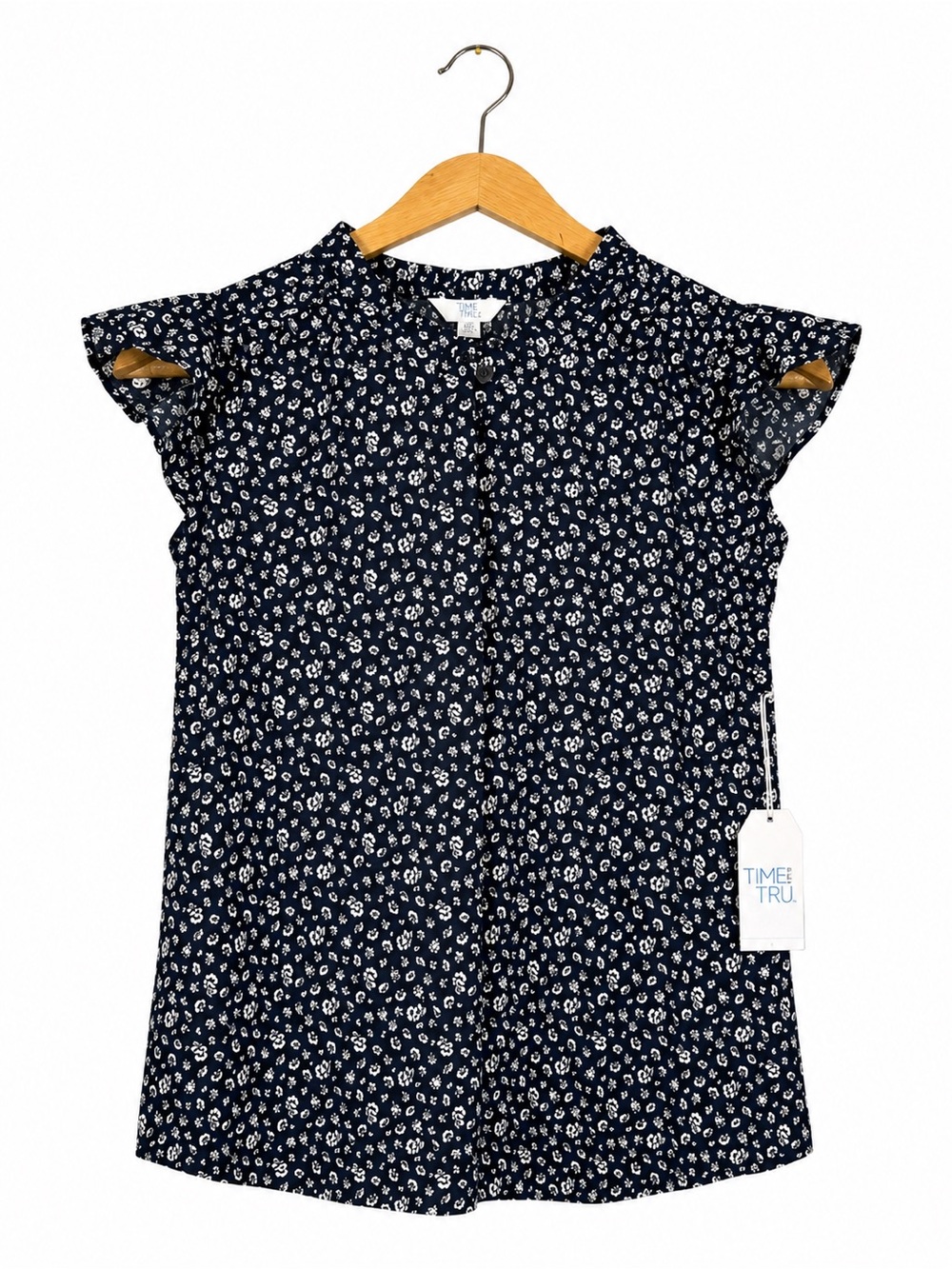 NWT Time & Tru Floral Top 100% Cotton Cap Sleeve Size M Blue Career Office Wear